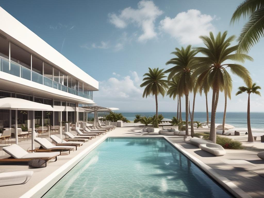 A stunning, high-resolution image of the Silver Sun Beachfront Club, showcasing its beautiful beachfront location. The composition should feature a luxurious resort with modern architecture, surrounded by lush tropical greenery. The clear blue ocean and sandy beach should be visible in the background, under a bright sunny sky. The image should have clean lines, bold vibrant colors, and a focus on essential elements, conveying a sense of relaxation, adventure you can book with Dreamscape Adventures by Lexi