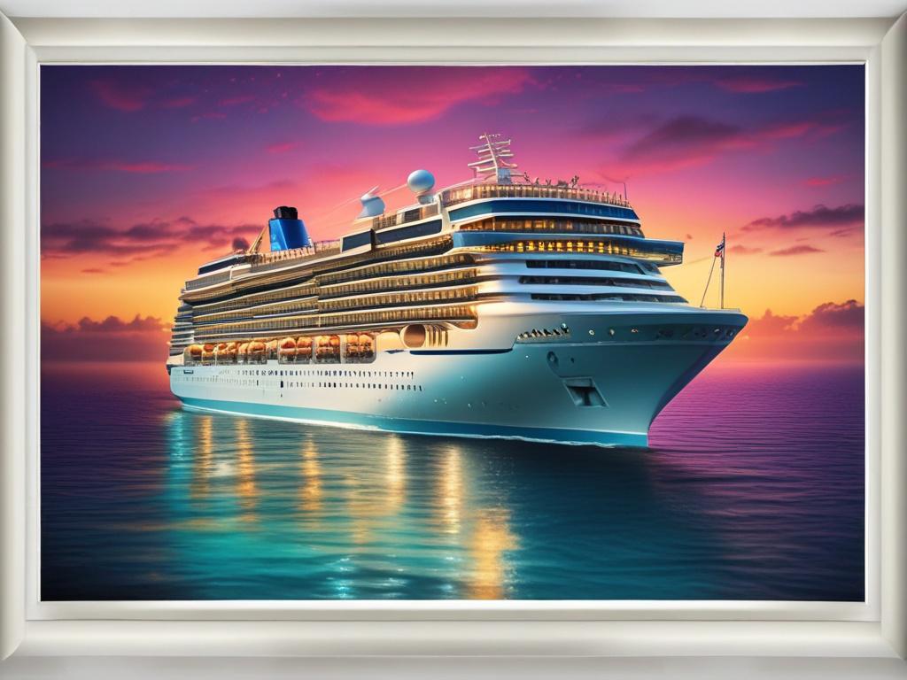 A majestic cruise ship sailing through calm turquoise waters, with a stunning sunset in the background. The ship is adorned with vibrant lights and activity areas, showcasing the luxury of a cruise experience. Passengers can be seen enjoying the view from the deck, capturing the essence of a perfect voyage at sea.