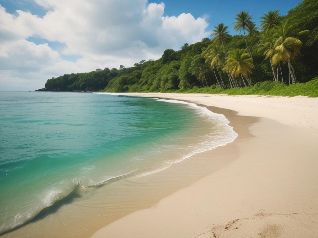 Create a realistic high-resolution photo of a serene beach in Costa Rica, featuring soft white sand and crystal-clear turquoise waters. In the background, lush green hills should rise gently, dotted with vibrant tropical flowers. The sky should be bright blue with a few fluffy white clouds. The scene should evoke a sense of tranquility and adventure, capturing the essence of Costa Rica's natural beauty. Use minimalistic composition with clean lines and focus on essential elements.