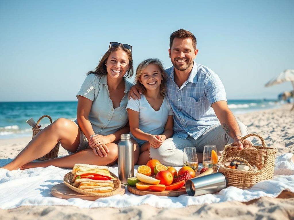 Create a realistic high-resolution photo that embodies the theme of "The Ultimate Guide to Stress-Free Family Vacations." Focus on a single subject: a smiling family of four enjoying a moment at a picturesque beach. Capture them sitting together on a soft blanket, with a picnic spread laid out in front of them that includes sandwiches, fresh fruits, and a thermos. The family members should be dressed in light, casual summer clothing, exuding happiness and relaxation.

In the background, depict a clear blue 