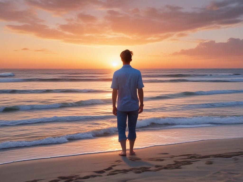 A serene beach scene featuring a single, confident LGBTQ+ traveler standing on the shore, looking out at the calm ocean. The traveler, dressed in a colorful summer outfit, embodies joy and freedom. The background showcases a sunset with rich blues and soft grays, casting a warm glow over the water. The composition is simple, with the focus on the traveler, capturing the essence of an inclusive vacation experience.