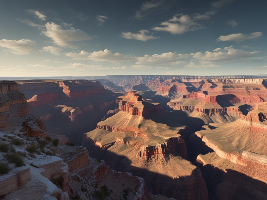 A stunning view of the Grand Canyon West from Eagle Point, showcasing the vast landscape with dramatic cliffs and deep canyons. In the foreground, a vibrant blue sky contrasts with the warm earthy tones of the canyon walls. A sleek tour bus is parked nearby, with a Grand Canyon Ambassador greeting guests. In the background, the Hoover Dam is partially visible, adding to the scenic beauty. The composition is minimalistic, focusing on the grandeur of nature and the excitement of the adventure.