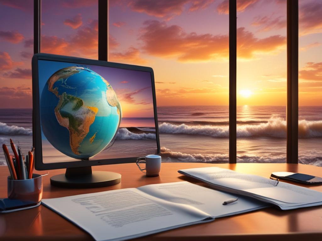 A serene beach scene featuring a travel agent's desk with a laptop, travel brochures, and a globe. The background shows a stunning sunset over the ocean, with gentle waves lapping at the shore. The composition is minimalistic, focusing on the desk as the main subject, with vibrant colors highlighting the beauty of the sunset. The overall ambiance conveys a sense of relaxation and adventure, inviting viewers to explore the world.