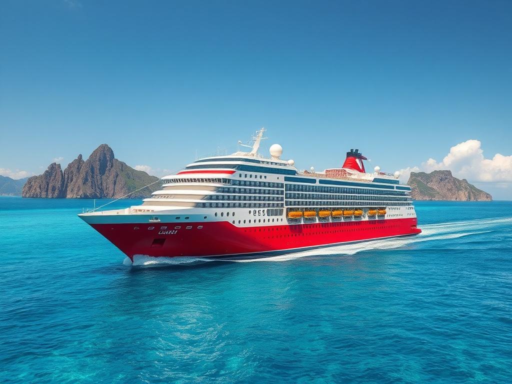 A luxurious cruise ship sailing through crystal-clear waters, with stunning islands in the background. The scene captures the grandeur of the ship, showcasing its elegant design and vibrant colors. The image should be photorealistic, emphasizing the beauty of the ocean and the joy of adventure. Focus on the essence of cruising and exploration.