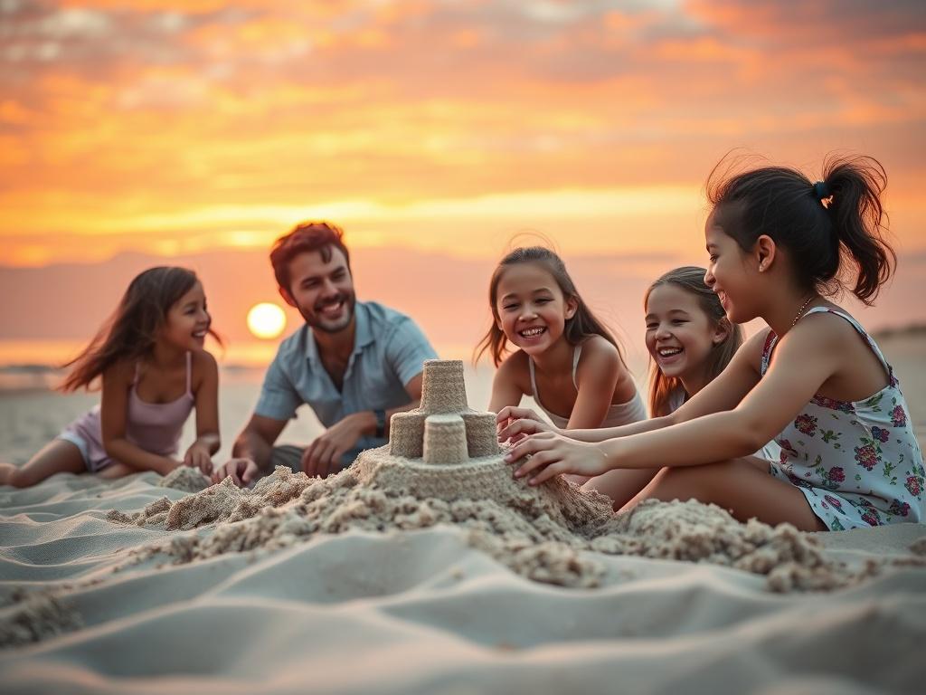 A joyful family enjoying a beach vacation, with a vibrant sunset in the background. The scene showcases a happy family playing in the sand, building sandcastles, and laughing together. The image should be photorealistic, capturing the emotions of joy and togetherness, with clean lines and bold vibrant colors. Focus on the essential elements of family bonding and relaxation.