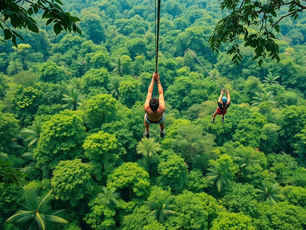 A thrilling zip-lining adventure through a lush green jungle, with a person soaring above the treetops. The scene captures the excitement and adrenaline of the experience, showcasing the vibrant foliage and the expansive view of nature. The image should be photorealistic, highlighting the essence of adventure and exploration. Focus on the exhilaration of outdoor activities.