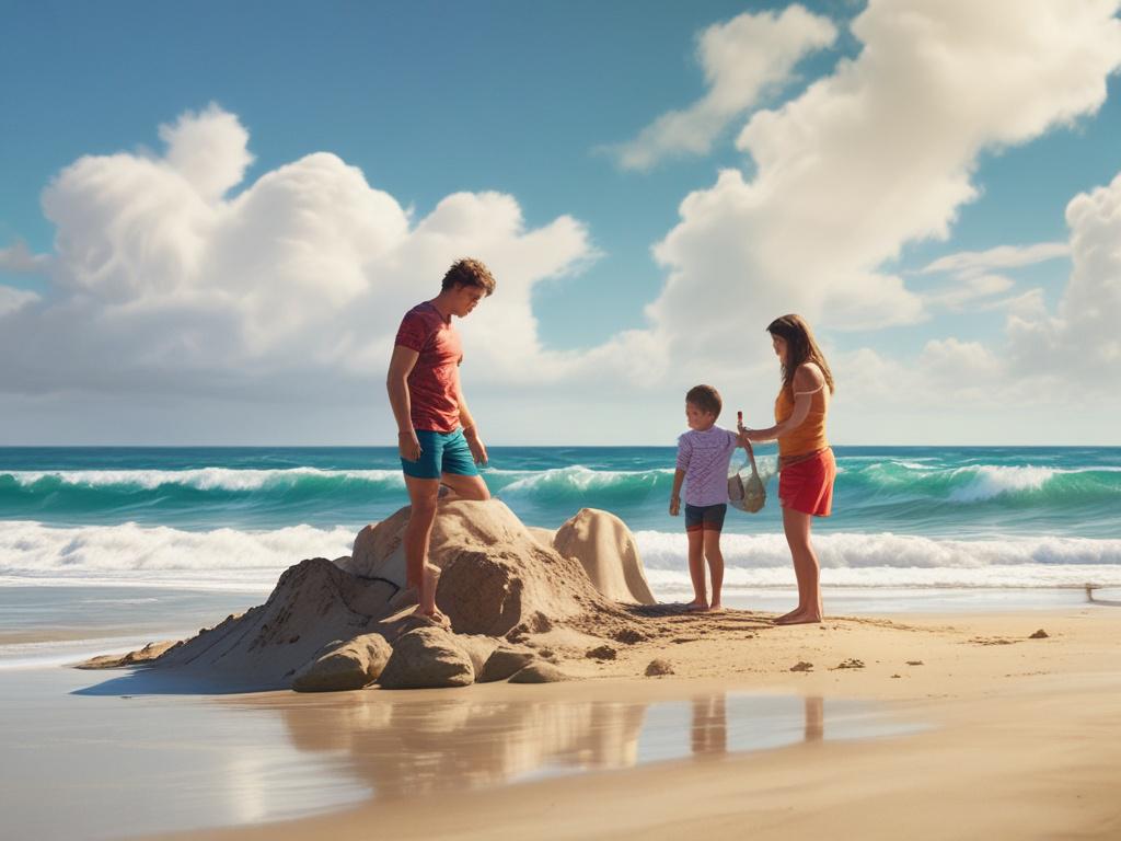 A beautiful family on a beach, building sandcastles together under a bright blue sky. The scene captures joy and togetherness, with the ocean waves gently lapping at the shore. The family members are smiling, showcasing their happiness. The background features soft, golden sand and vibrant beach umbrellas, all rendered in photorealistic detail with bright colors.