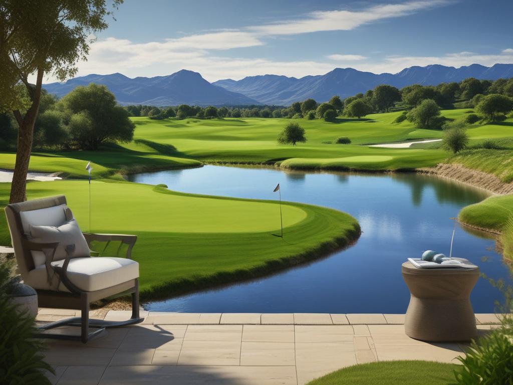 A stunning golf course landscape under a clear blue sky, featuring a lush green fairway and a single golfer taking a swing with Dreamscape Adventure by Lexi