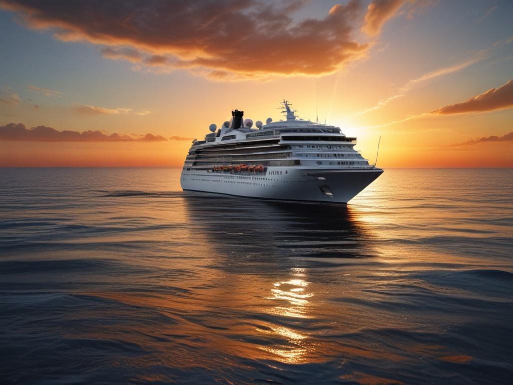 A stunning high-resolution image of a luxurious Silversea cruise ship sailing on a tranquil sea. The ship should be the focal point, with the sun setting in the background, casting vibrant colors across the sky and reflecting off the water. The composition should be clean and minimalistic, emphasizing the elegance of the ship and the serenity of the ocean. The image should capture the essence of luxury travel and adventure, evoking a sense of wanderlust and exploration.