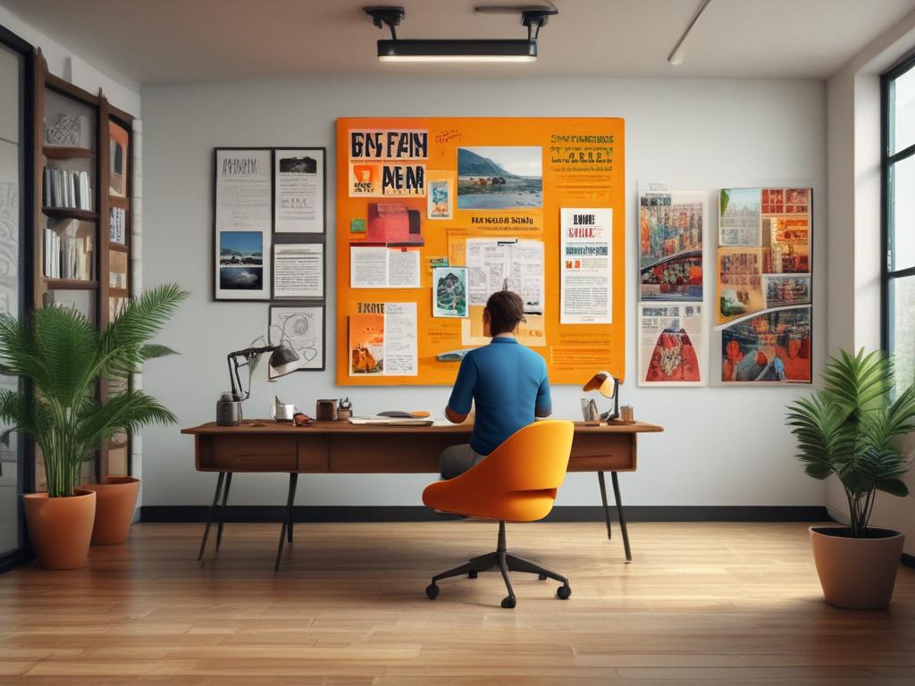 A travel agent presenting a list of exclusive deals to excited clients in a vibrant office, surrounded by travel posters, with a focus on showing joy and possibilities.
