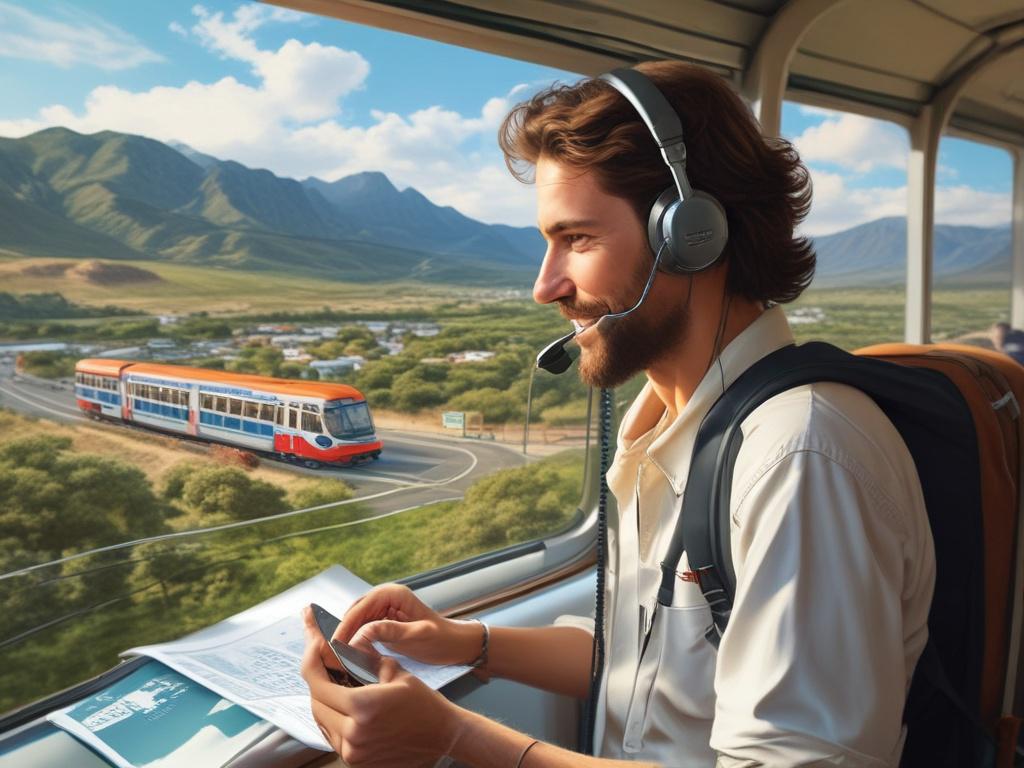 A travel agent on the phone providing support to a traveler during their adventure, with a scenic background of a popular tourist destination in the distance, illustrating connection and assistance.