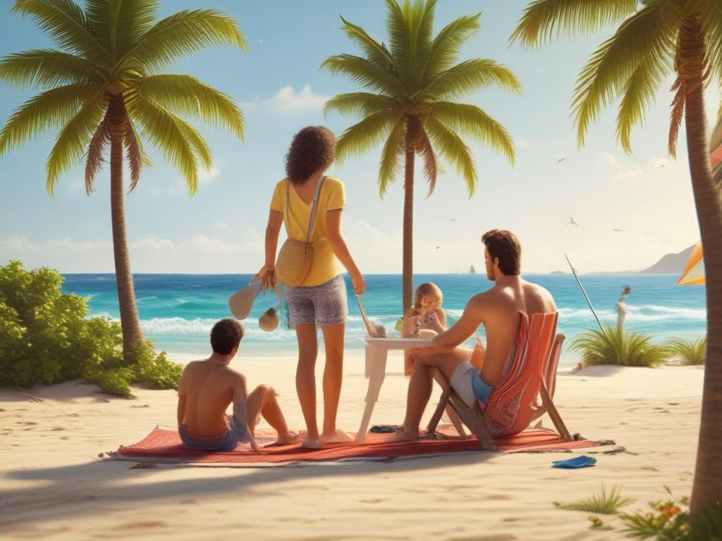 A family happily enjoying their vacation at a beach, with a travel agent's phone and itinerary in hand, showcasing relaxation and joy, with the ocean and palm trees in the background.
