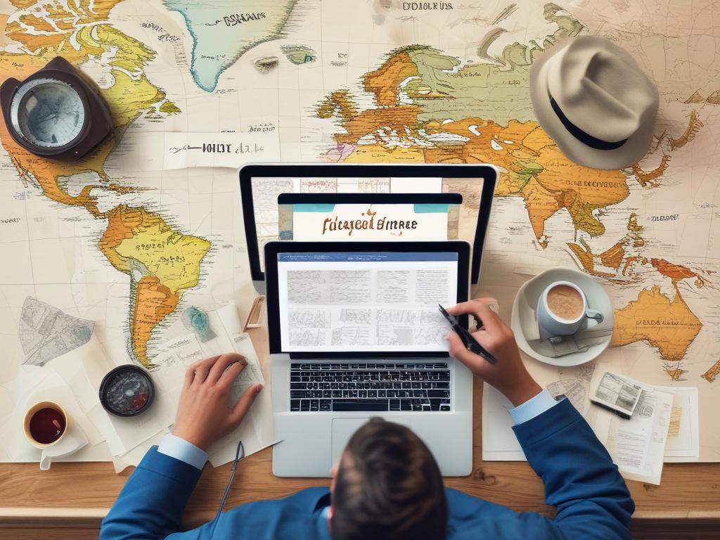 A serene travel agent working on a personalized itinerary for clients, surrounded by maps and travel brochures, with a laptop open displaying stunning travel destinations, in a bright and inviting office space.