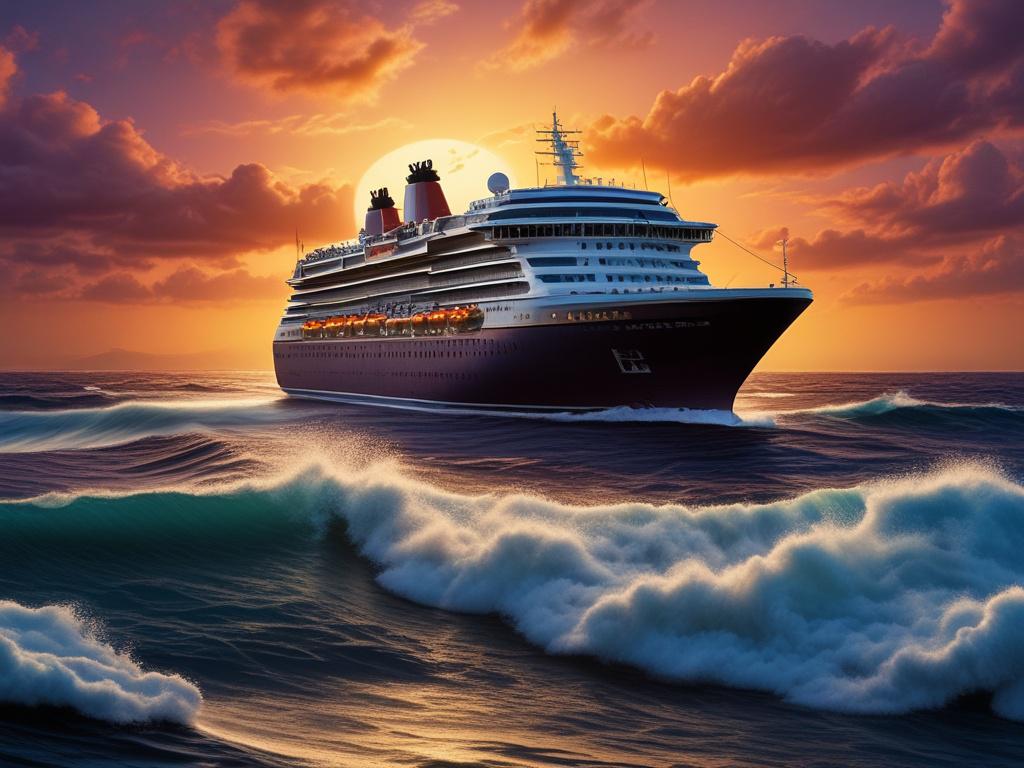 A majestic cruise ship sailing across the deep blue Atlantic Ocean, with dramatic lighting highlighting the ship's elegant curves. The background features a stunning sunset, casting rich oranges and deep purples in the sky, while waves crash softly against the ship's hull. The scene captures the essence of adventure and exploration, showcasing the beauty of the ocean and the thrill of ocean travel.