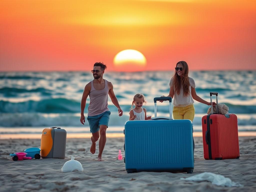 A serene family vacation scene with a family of four, enjoying a beach sunset, with luggage and beach toys nearby. The composition should showcase the family happily playing together, with a colorful sunset and gentle waves in the background, emphasizing relaxation and joy in travel.