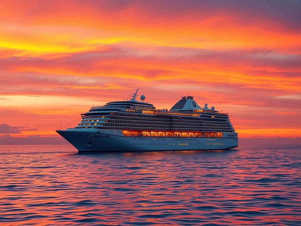 An enchanting cruise ship sailing on a calm ocean at sunset, with vibrant colors reflecting on the water. The scene should feature the ship in the foreground, showcasing its grandeur, with a backdrop of an orange and purple sky, symbolizing adventure and relaxation.