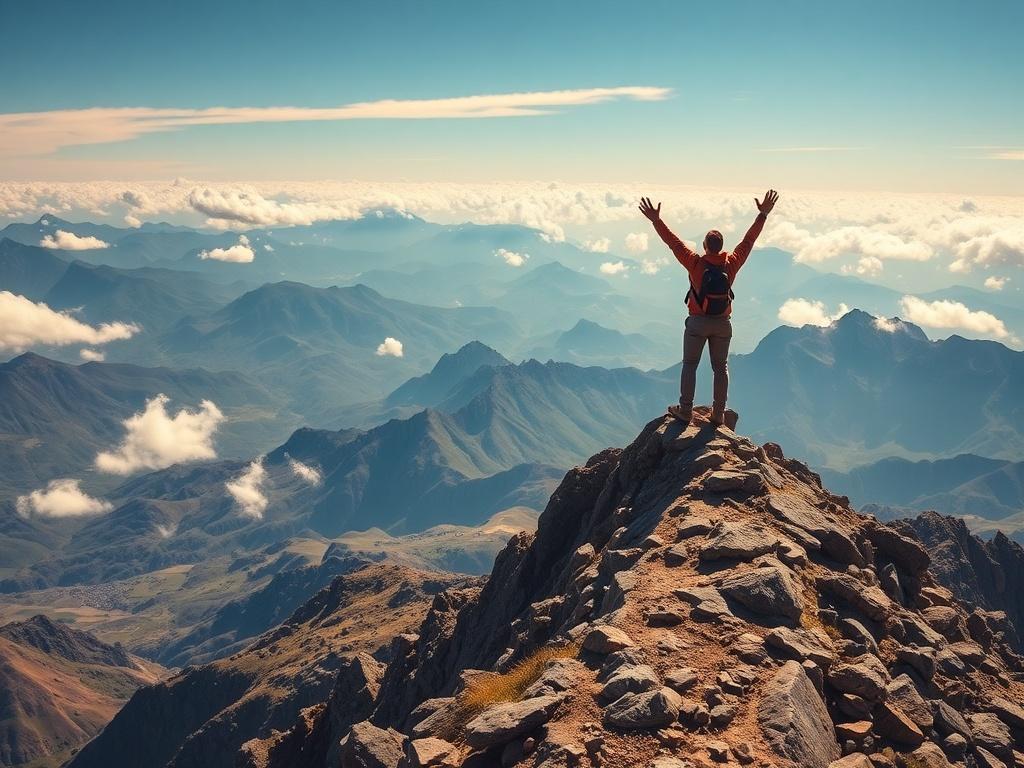 A breathtaking mountain landscape with a hiker standing on a peak, arms raised in triumph, with valleys and clouds in the background. The composition should emphasize the beauty of nature, adventure, and the sense of achievement, with vibrant colors capturing the essence of exploration.