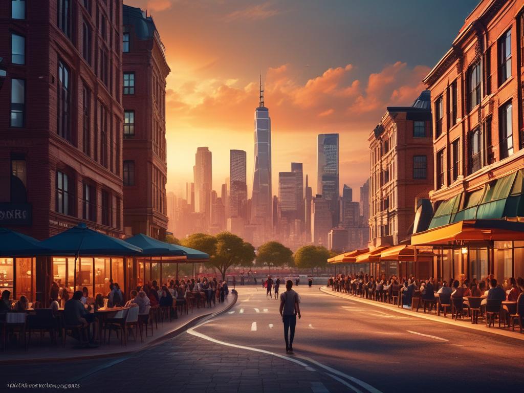A stunning high-resolution image of a vibrant city skyline at sunset, showcasing iconic architectural landmarks. The foreground features a bustling street with people enjoying outdoor cafes, while the background displays a colorful sky with hues of orange and pink. The composition should highlight clean lines and minimalistic elements, focusing solely on the lively city scene. The image should be rendered in photorealistic detail with bold vibrant colors, compatible with rgb(50, 170, 39) as the primary colo