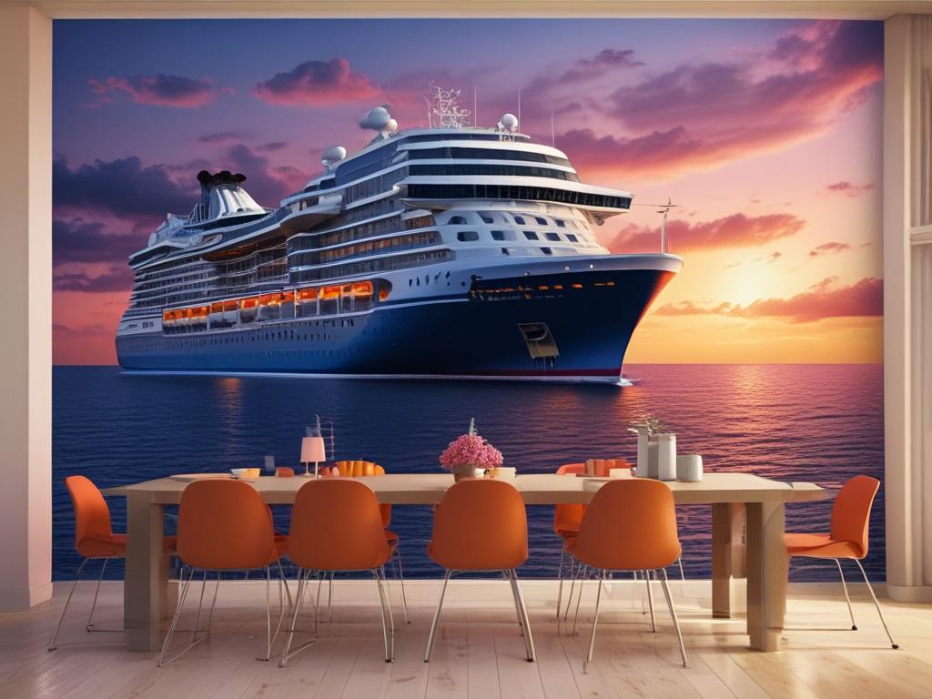 A luxurious cruise ship gliding through calm ocean waters at sunset. The ship is elegantly lit, surrounded by vibrant hues of orange and pink in the sky. The image captures the essence of relaxation and adventure, inviting onlookers to experience the magic of cruising.