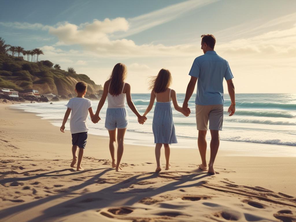 A family of four enjoying a beach vacation, smiling and playing together on the sand. The background features a stunning coastline with soft waves and an azure sky. The scene captures the joy of family bonding, with vibrant colors that evoke happiness and relaxation.