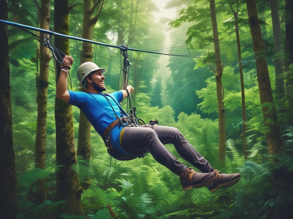 A thrilling zip-line adventure through a dense green forest, with a participant soaring high above the canopy. The background features lush trees and a bright blue sky, capturing the excitement and exhilaration of adventure travel in a vivid, dynamic scene.