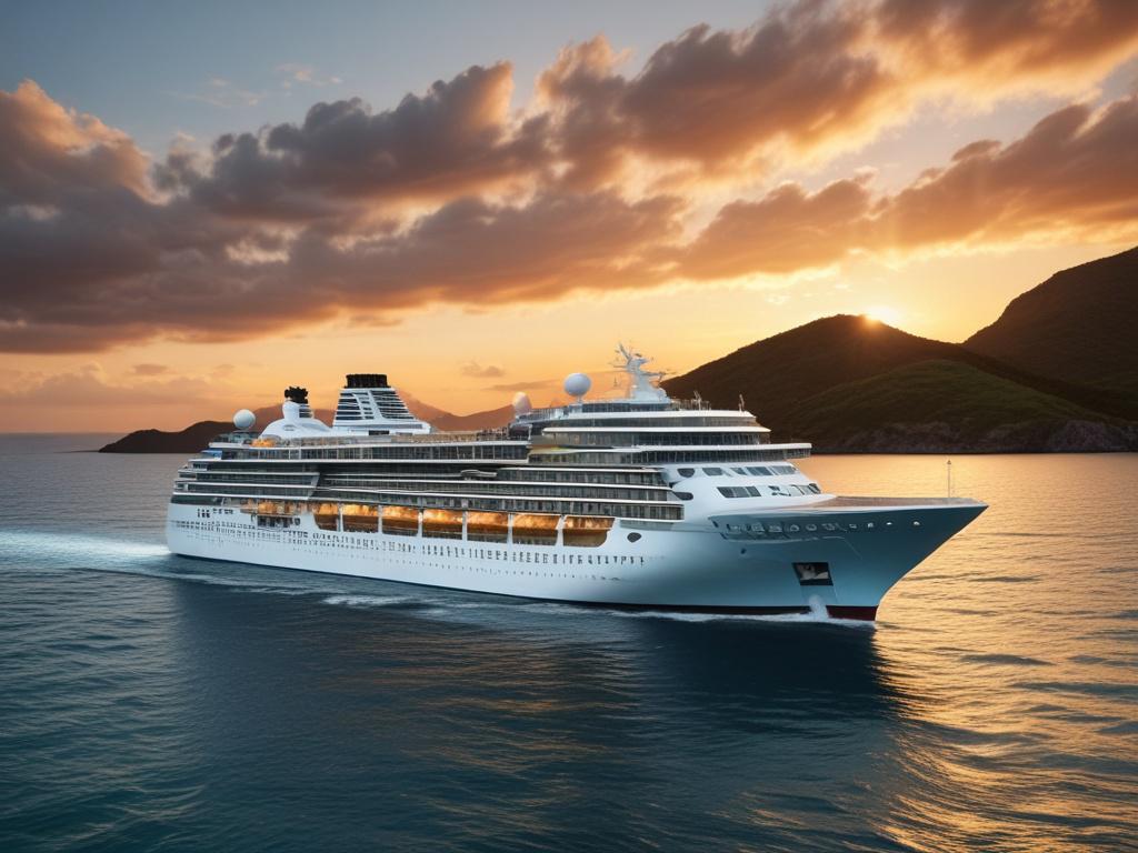 A majestic cruise ship sailing smoothly through turquoise waters, surrounded by lush tropical islands in the background. The sun is setting, casting a golden glow on the ship and reflecting off the water. The focus is on the grandeur of the cruise experience, evoking a sense of luxury and adventure.