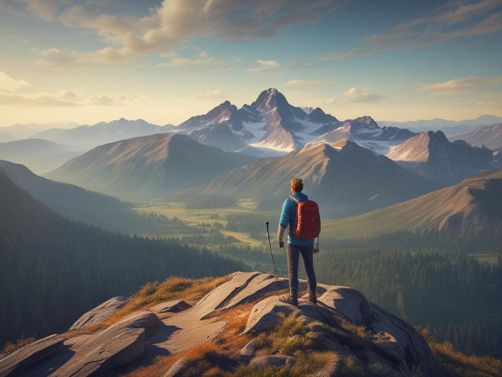 An adventurous hiker standing on a mountain peak, overlooking a stunning valley below. The hiker is equipped with a backpack and wears vibrant outdoor gear. The sky is bright blue, dotted with fluffy clouds, while sunrays illuminate the valley's greenery. The scene conveys a sense of achievement and the thrill of adventure.