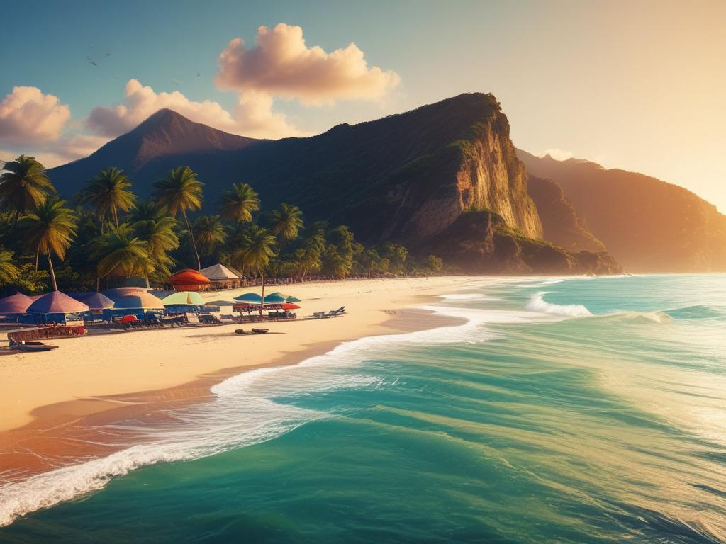 A high-resolution photo of a scenic travel destination showcasing vibrant colors and natural beauty. The composition focuses on a single breathtaking landscape, such as a tropical beach with clear blue waters or a majestic mountain range at sunset. The image should be lifelike, with clean lines and minimal distractions, capturing the essence of adventure and travel. Ensure the colors are bold and vivid, complementing the primary color rgb(50, 170, 39).