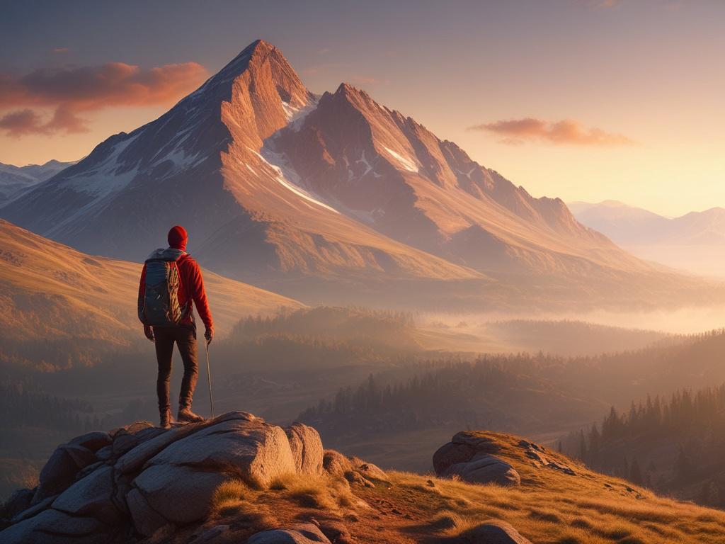 A breathtaking mountain landscape with a lone hiker standing triumphantly at the peak, overlooking a stunning valley. The scene is bathed in morning light, highlighting the rugged terrain and lush greenery below. The hiker is dressed in vibrant outdoor gear, showcasing a spirit of adventure. This image should be photorealistic, capturing the essence of exploration and the beauty of nature.