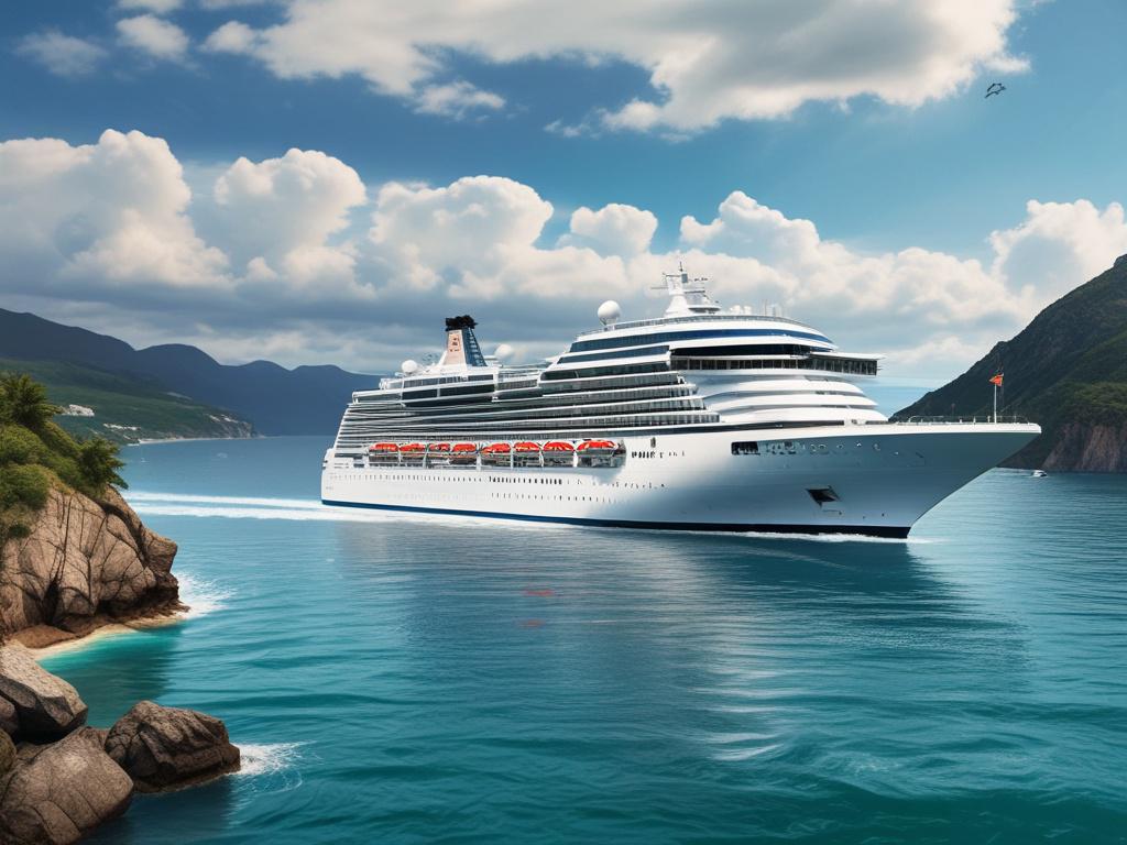 A majestic cruise ship navigating through clear blue waters, surrounded by picturesque islands in the background. The ship is detailed, showcasing its grandeur, while passengers are visible on deck enjoying the view. The sky is a vibrant sunset, casting warm colors over the scene, enhancing the beauty of the moment. This image should be lifelike and rendered in extreme detail.