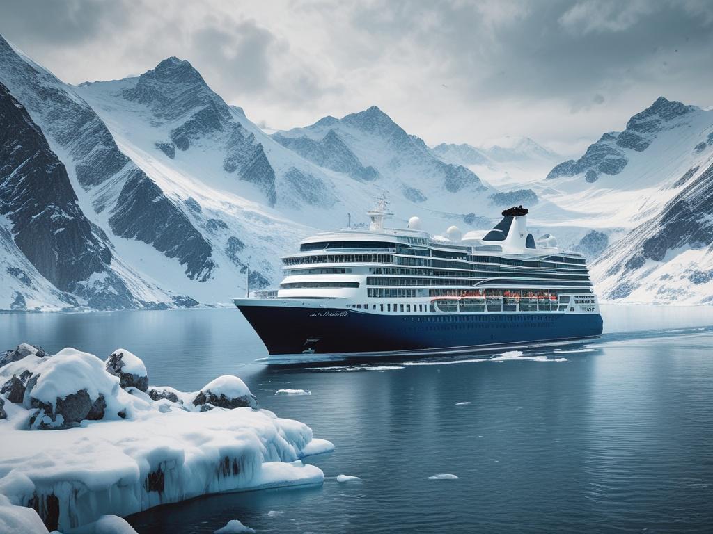 A stunning high-resolution photograph of an expedition cruise ship navigating through icy blue waters, with majestic snow-capped mountains in the background. The ship should be the focal point, showcasing its sleek design and offering a sense of adventure. The water should reflect cool tones, harmonizing with shades of rich blue and soft gray. The sky is clear, adding to the serene yet adventurous atmosphere.