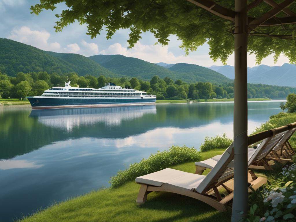 Create a realistic high-resolution photo of a luxurious Viking river cruise ship navigating through a tranquil river setting. The ship should be elegantly designed with a modern aesthetic. In the background, include lush green hills and quaint villages along the riverbanks, reflecting a serene atmosphere. The lighting should be soft, with a cool-toned environment featuring shades of rich blues and soft grays to evoke a sense of calm and adventure.