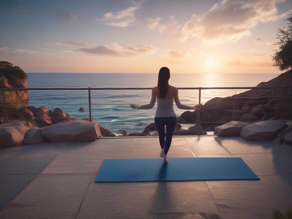 Create a realistic high-resolution photo of a serene wellness retreat in a tranquil setting. The image should feature a single person practicing yoga on a cliff overlooking a calm sea at sunrise. The background should have soft, cool-toned colors, featuring shades of rich blues and soft grays, creating a peaceful atmosphere. The individual should be in a meditative pose, embodying tranquility and wellness, surrounded by lush greenery and the gentle waves of the ocean.