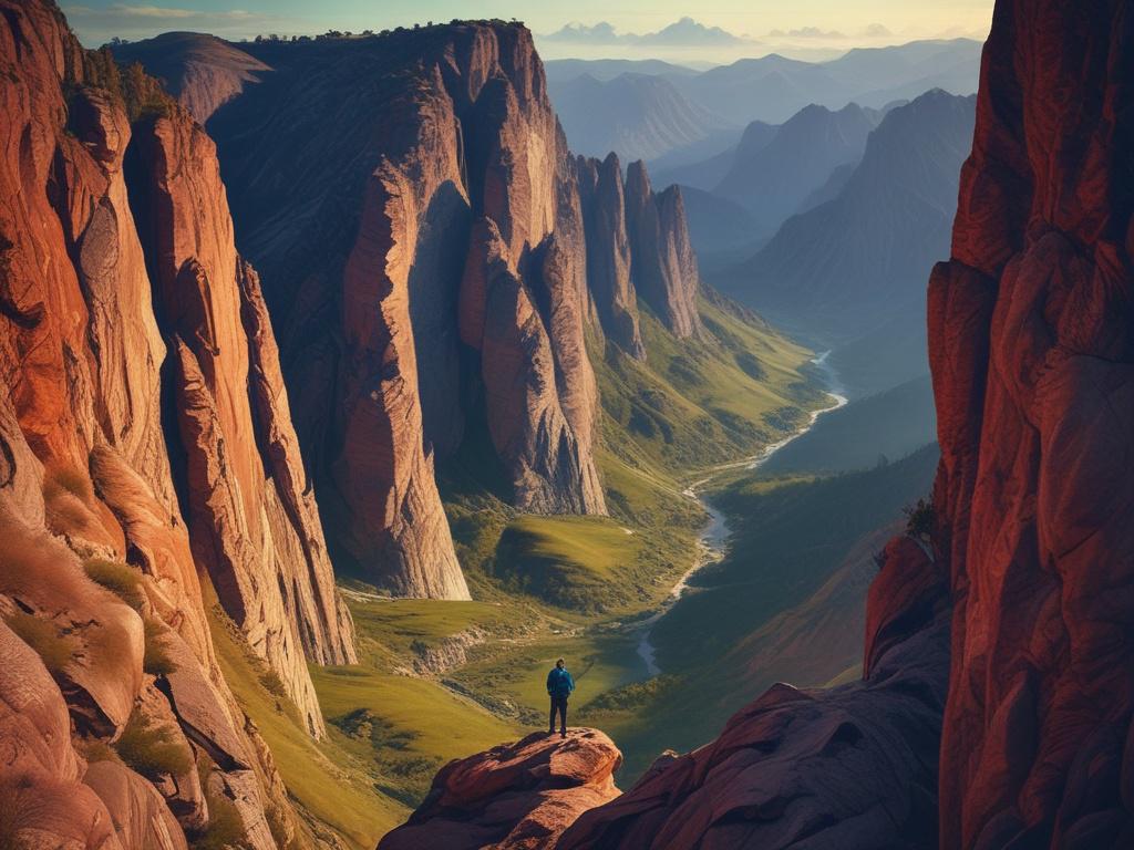 A breathtaking mountain landscape with a person standing at the edge of a cliff, arms outstretched in triumph. The scene captures the thrill of adventure, showcasing rugged terrain and a vast sky filled with clouds. The vibrant colors of nature highlight the beauty and excitement of outdoor exploration.