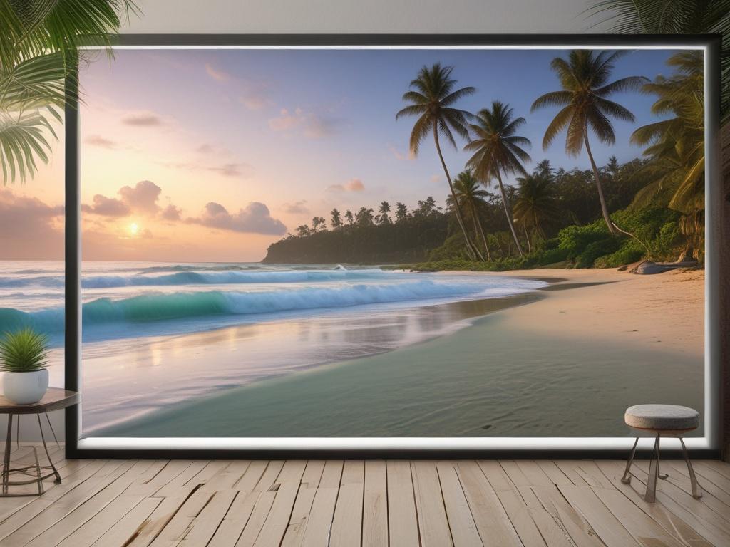 A stunning high-resolution image of a serene Bali beach at sunset. The foreground features soft, white sand and gentle waves lapping at the shore. In the background, lush green palm trees frame the scene, while the sky is painted in shades of rich blues and soft grays, transitioning to warm golden hues as the sun sets on the horizon. The atmosphere is tranquil and inviting, evoking a sense of peace and adventure. The image should capture the essence of a luxurious beach getaway, perfect for vacation plannin