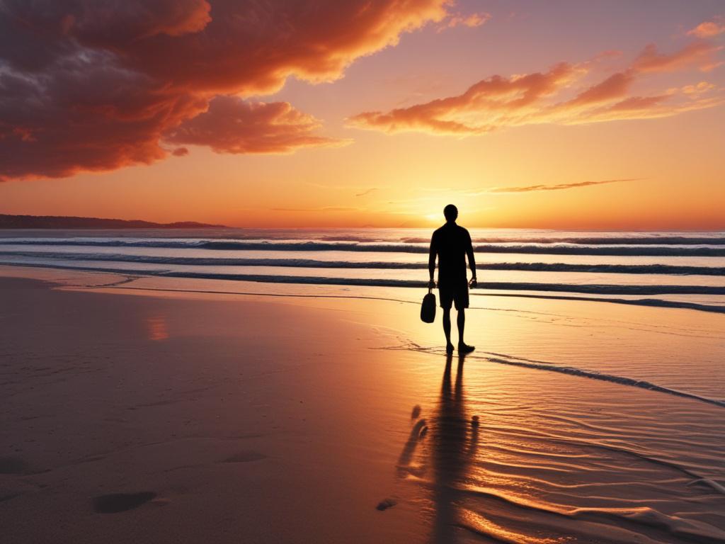 A breathtaking view of a serene beach at sunset, capturing a lone traveler standing on the shore, gazing at the horizon. The composition is simple and clear, emphasizing the tranquil atmosphere. The colors are vibrant, showcasing the rich blues of the ocean, warm oranges, and purples of the sunset sky. The scene conveys a sense of peace and adventure, inviting viewers to imagine their own weekend escape. The overall style is photorealistic with clean lines and minimalistic elements.