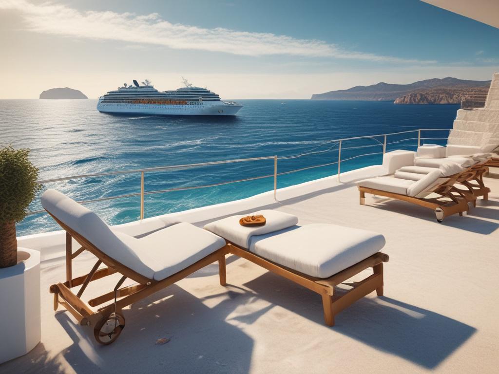 A luxurious cruise ship sailing through the crystal-clear azure waters of the Greek Isles. In the foreground, the ship showcases elegant design with sun loungers and a private balcony. The background features a picturesque sunset illuminating the iconic white buildings of Santorini perched on cliffs. The scene is vibrant with bold colors, capturing the essence of a dreamy vacation, with minimalistic composition focusing solely on the cruise ship and the stunning landscape.