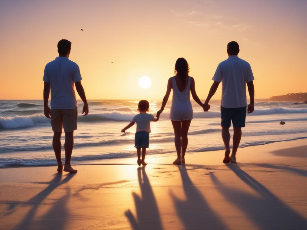 A serene family vacation scene featuring a diverse family enjoying a beach sunset. The composition should showcase the family members, with soft waves lapping at their feet. The background should be a vivid sky transitioning from rich blues to soft grays, creating a tranquil atmosphere. Capture their laughter and joy to reflect the essence of family bonding.