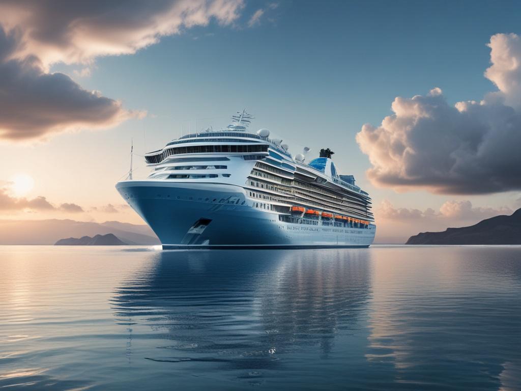 A majestic cruise ship sailing through calm azure waters under a clear sky. The ship should be the focus of the image, with its sleek design and bright colors. In the background, distant islands can be seen, highlighting the beauty of the ocean. The scene should evoke feelings of adventure and luxury, inviting viewers to set sail.