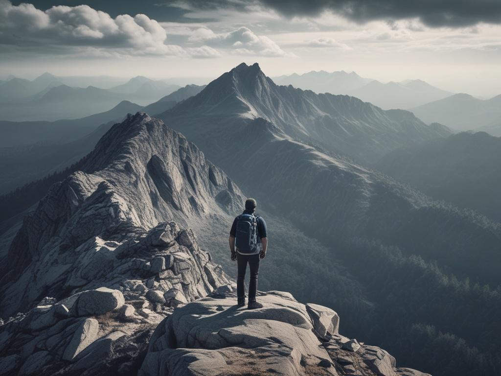 A breathtaking panorama of a hiker standing triumphantly on a mountain summit, overlooking a vast landscape of valleys and forests. The hiker should be wearing adventure gear, radiating a sense of accomplishment. The sky should be a blend of cool blues and soft grays, with sunlight breaking through clouds, illuminating the scene. This image should inspire viewers to embrace their adventurous spirit.