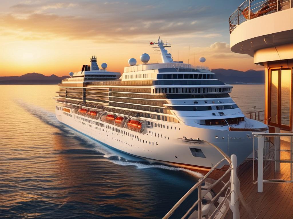 A luxurious cruise ship sailing on calm azure waters, with the sun setting in the background, casting a golden glow. The ship is adorned with elegant decks and passengers enjoying the view. In the foreground, a couple is seen sipping cocktails on the deck, surrounded by vibrant tropical flowers. The composition should evoke a sense of relaxation and indulgence, highlighting the beauty of both the ship and the surrounding sea.