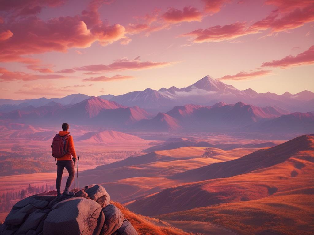 A breathtaking view of a hiker standing on a mountain peak, overlooking a vast landscape of valleys and distant mountains. The sky is a stunning blend of orange and pink hues, indicating sunset. The hiker, wearing a vibrant backpack, is gazing out with a look of accomplishment. Below, the lush greenery and winding trails add depth to the scene, capturing the essence of adventure and exploration.