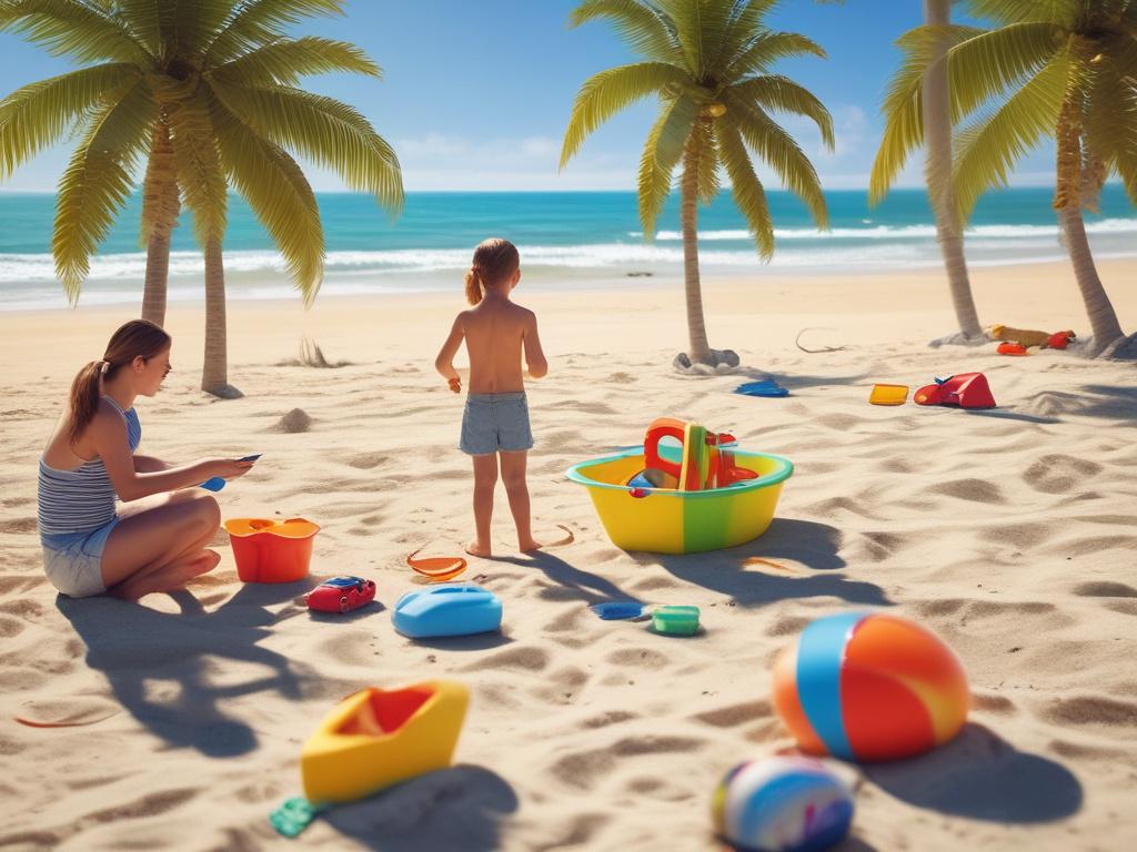 A joyful family of four enjoying a beach vacation, playing in the sand with colorful beach toys. The scene is set on a sunny day with a clear blue sky and gentle waves in the background. The family is smiling and laughing, showcasing an atmosphere of happiness and togetherness. The composition focuses solely on the family, with vibrant colors highlighting their beach attire and the bright sand contrasting against the blue ocean.