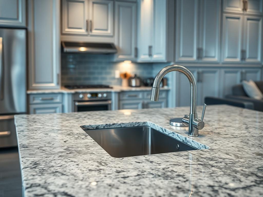 A high-resolution photo of a beautifully designed granite kitchen, showcasing a polished granite countertop with a modern sink and elegant cabinetry. The kitchen should have a cool-toned environment with shades of rich blues and soft grays, creating a calm and inviting atmosphere. The lighting should highlight the texture and shine of the granite, emphasizing its quality. The background should subtly include kitchen appliances and decor that complement the granite features.