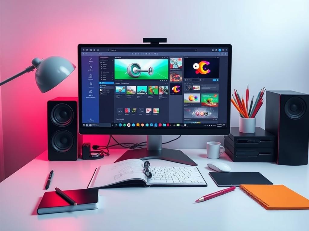 A minimalist workspace featuring a sleek computer setup displaying game