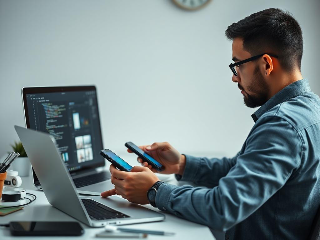 A high resolution image of a mobile app developer working