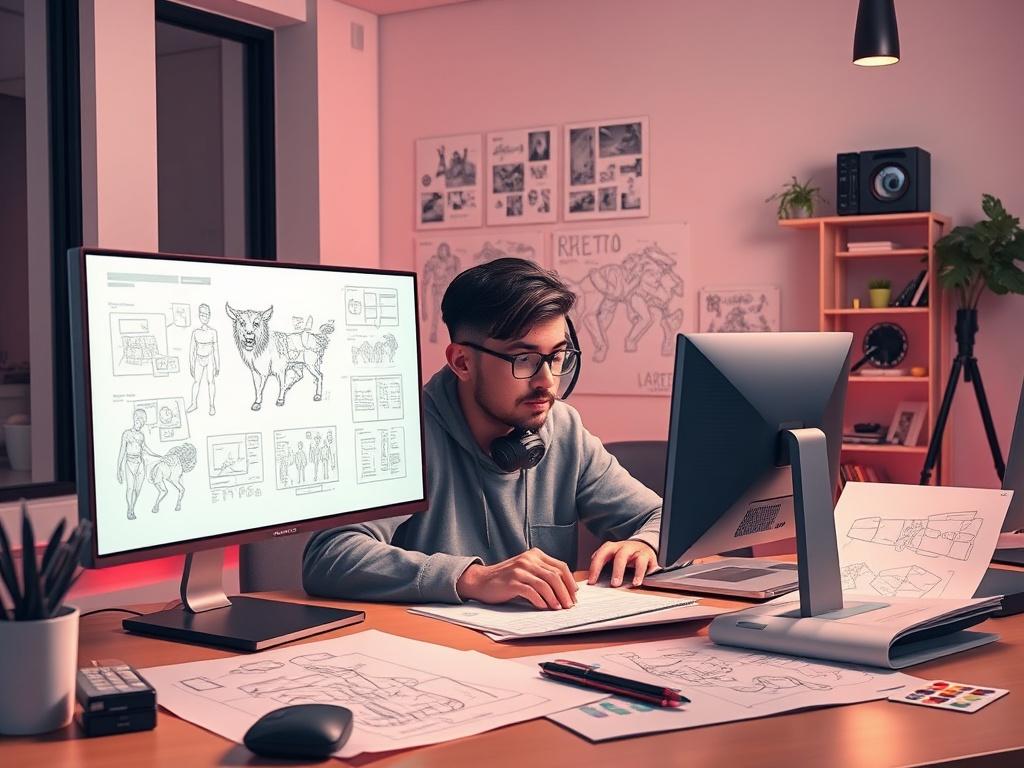 A photorealistic image of a game designer working on a