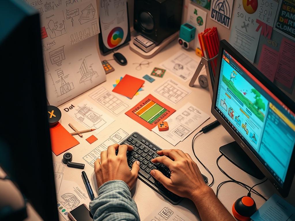 A realistic image of a game developer creating a game