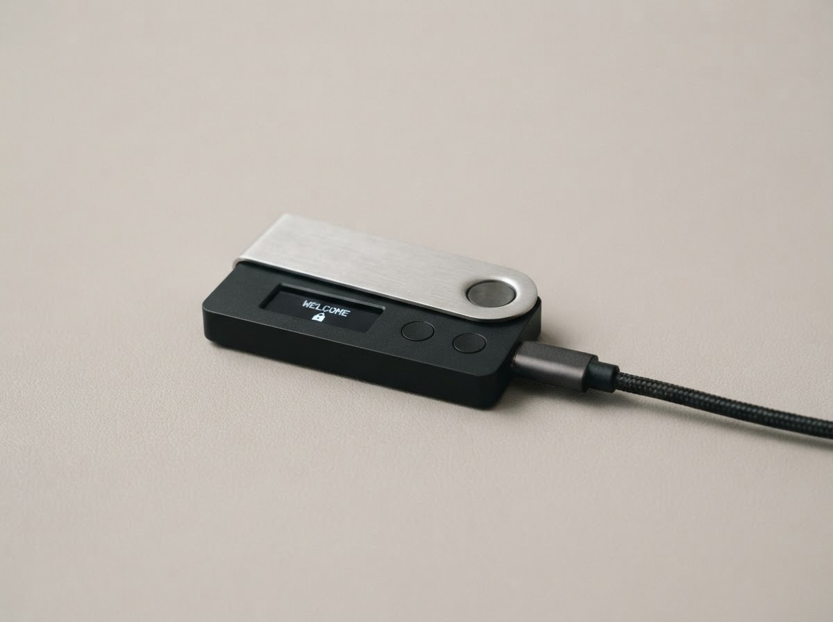 A compact black hardware wallet and USB cable photographed on a soft neutral background