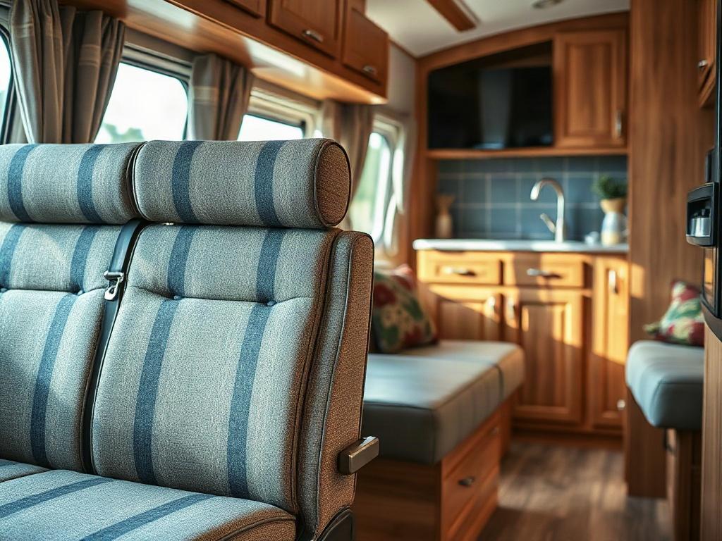 A high-resolution close-up shot of beautifully renovated caravan furniture showcasing newly upholstered seats and polished cabinets. The focus should be on the intricate details of the upholstery fabric and the shine of the cabinet finish. The background should be softly blurred to emphasize the warmth and inviting atmosphere of the renovated space, captured using a 45mm f/1.2 lens for a hyper-realistic effect.